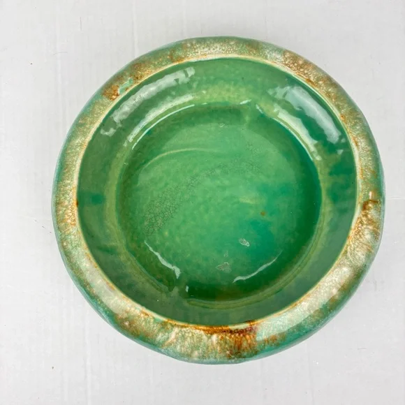 VTG round shallow planter by R. Ransbottom Pottery/Roseville OH-green drip glaze - Picture 3 of 11
